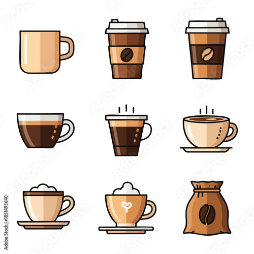 Nine illustrated coffee drink icons including to-go cups, mugs, and a bag of beans