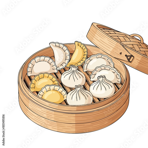 Illustration of a bamboo steamer filled with dumplings, lid ajar