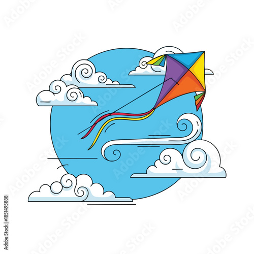A vibrant kite floats in a bright blue sky surrounded by fluffy clouds