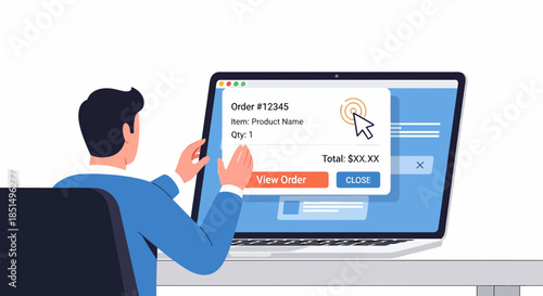 Online Shopping Order Confirmation On A Laptop With Man Figure
