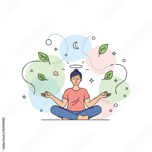 Illustration of a person meditating, surrounded by abstract colorful elements and leaves