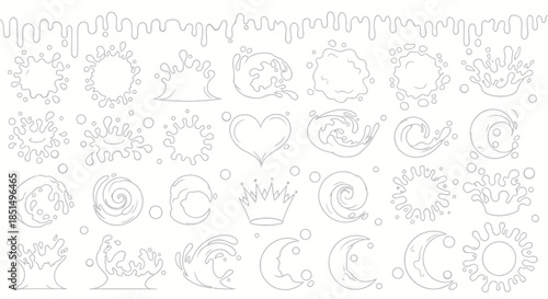 This comprehensive vector collection features various dynamic milk splashes, liquid drops, and stylized wave elements in a clean, monochrome outline art style.