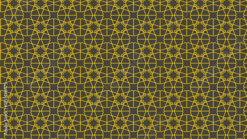 Seamless Islamic geometric pattern with yellow star-shaped lines on a dark grey background.