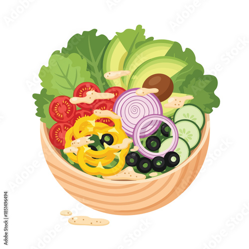 A colorful, fresh salad bowl featuring lettuce, vegetables, and dressing