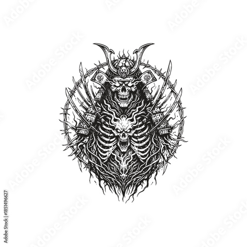 Dark vintage etching of a Gashadokuro skeletal samurai ghost in ornate armor with tattered robes and a crown of thorns