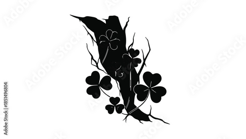 Mystical silhouette of a face emerging from nature's embrace with lucky clovers