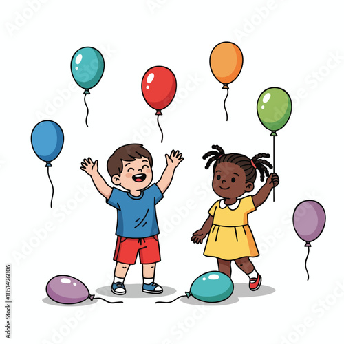 Two smiling children with colorful balloons. Joy and happiness depicted in an illustration