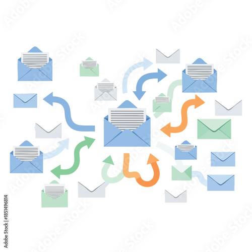 Vector illustration of email envelopes and arrows depicting the flow of data