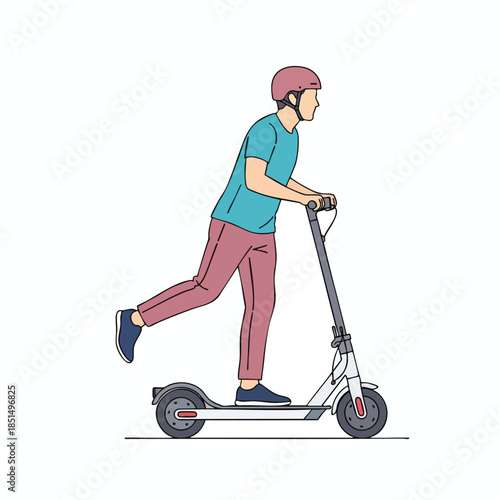 An illustrated person rides an electric scooter with a helmet on