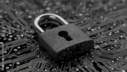A dark lock rests on a circuit board, symbolizing digital security