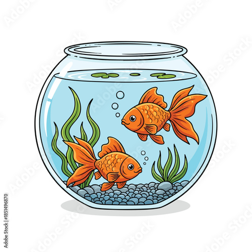 Cartoon goldfish in a glass bowl with plants and bubbles; illustration style