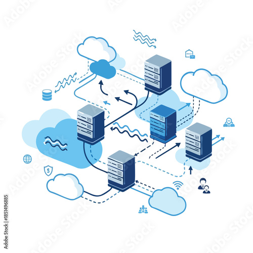 Diagram of interconnected cloud computing servers, icons, and data flow