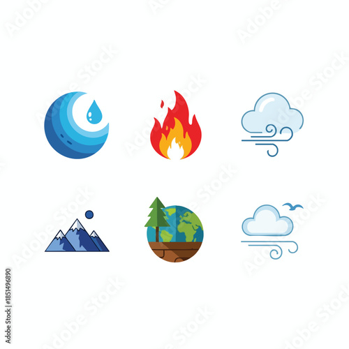 Icon set depicting Earth's elements, including water, fire, wind, mountains, and the globe