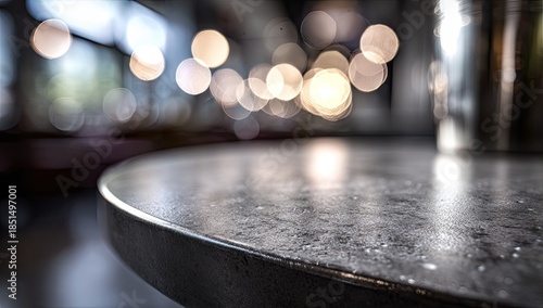 Soft focus ambient lighting illuminates a textured table's edge in a dimly lit room