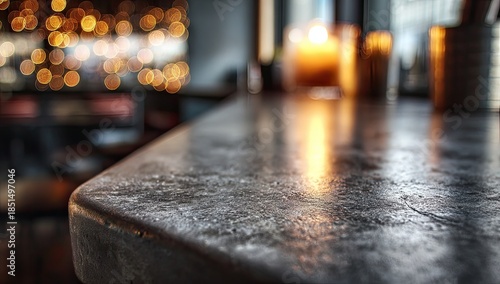 Close-up of a textured bar surface with soft, warm bokeh lights in the background