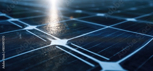Close-up view of a solar panel grid with bright sunlight reflecting off the surface