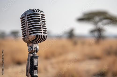 Vintage microphone stands on a wooden post in a dry savanna landscape