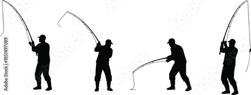 Fisherman with Fishing Rod Silhouette Vector Set, Angling Sport, Recreational Fishing, Hobby, Outdoor Leisure Activity, Catching Fish Icon