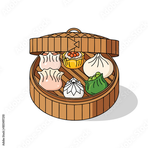 Cartoon illustration of a bamboo steamer filled with various dim sum dumplings