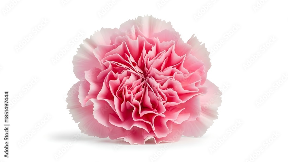 Naklejka premium A delicate pink carnation flower with ruffled petals isolated on a white background.