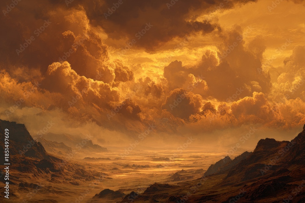 Fototapeta premium Dramatic alien landscape with fiery skies and rugged terrain under heavy clouds