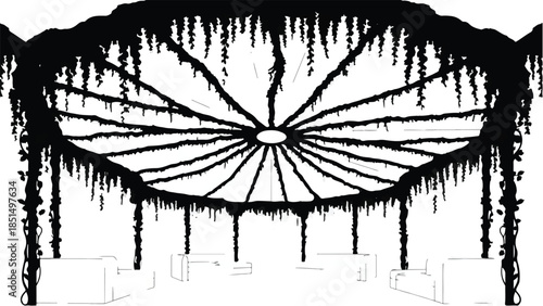 Ethereal canopy with flowing vines creates a magical, open-air setting for an event.