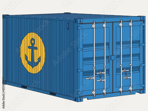 A blue shipping container with a yellow anchor emblem on its side viewed from an angle against a white background