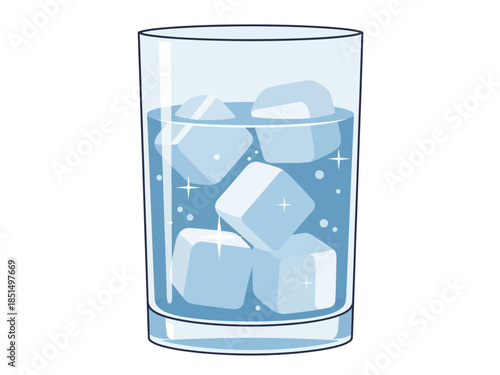 A clear glass filled with ice and water, sparkling with reflections