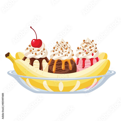 A cartoon banana split with three scoops of ice cream and toppings, in a dish