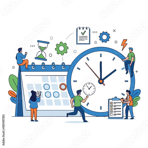 Illustration showing people and items associated with time management