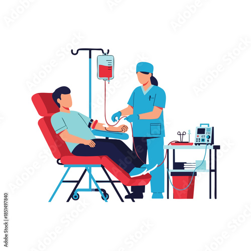 Medical illustration of a patient receiving IV treatment from a nurse