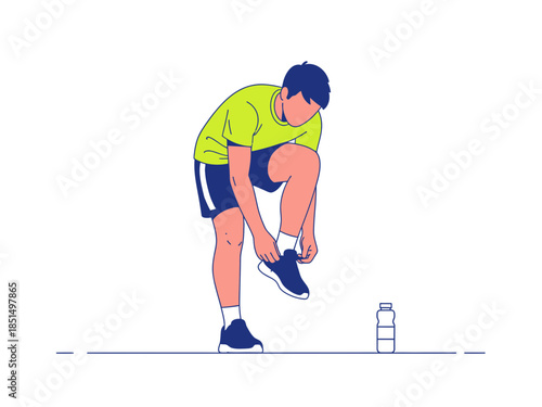 Man bending to pick up water bottle on a white background
