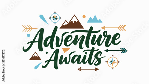 Inspiring hand-lettered 'Adventure Awaits' phrase with decorative compass, mountains, and arrows, perfect for travel, exploration, and outdoor lifestyle designs