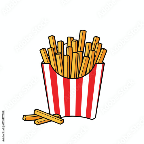Illustration of french fries spilling from a red and white striped carton