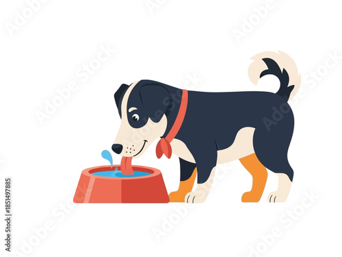 A dog is drinking water from a red bowl