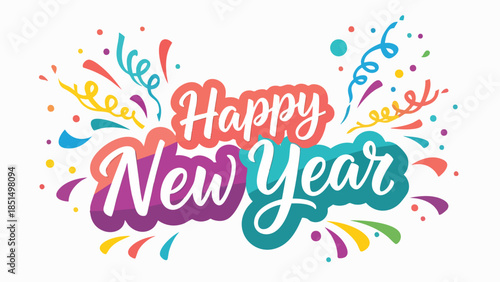 A vibrant and celebratory illustration marking the beginning of a new calendar year, filled with colorful confetti and festive cheer