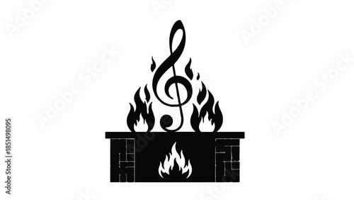 Fiery treble clef atop a burning fireplace symbolizing passionate music creation