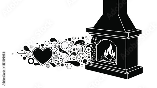 Cozy fireplace radiating warmth and decorative heart motifs