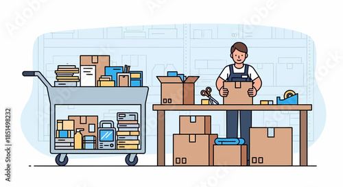 Warehouse Worker Preparing Orders And Packing Boxes For Shipping