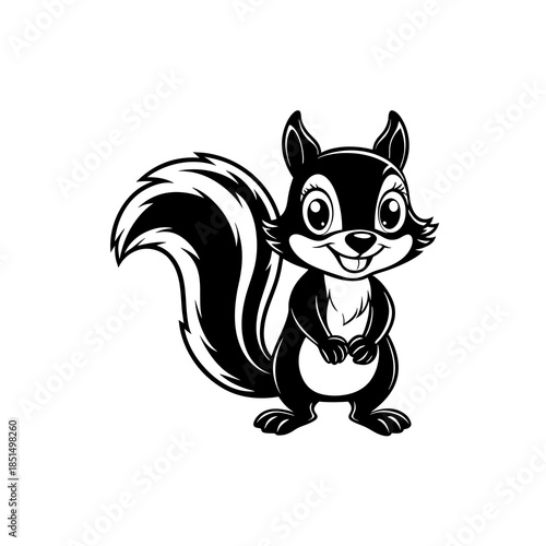 A cute cartoon black and white squirrel with a bushy tail and big eyes, standing on its hind legs.