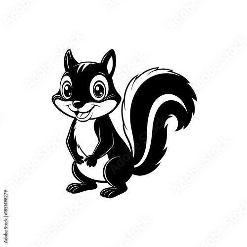 A charming cartoon illustration of a black and white skunk with big eyes and a bushy tail, standing upright.