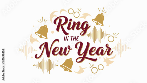 Vibrant celebratory illustration ringing in the new year with festive golden bells, elegant typography, and dynamic sound wave elements for holiday greetings and seasonal cheer