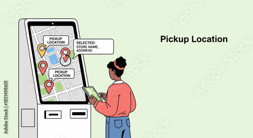 Woman Using Digital Kiosk For Contactless Pickup Location Technology