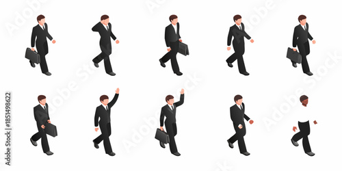 Isometric businessmen walking in various poses with briefcases a visual sequence