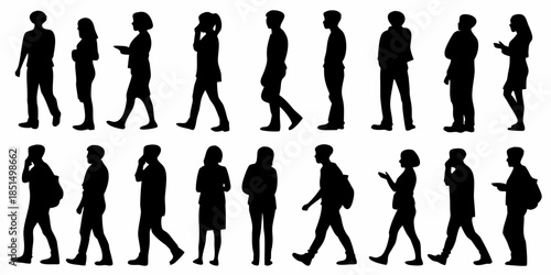 Diverse silhouettes of people walking standing and interacting in a public space