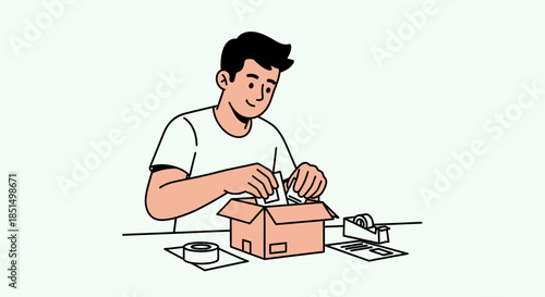 Young Man Packing Small Parcel Into Cardboard Box With Tape