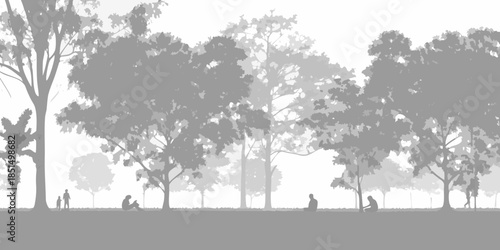 Silhouetted trees and people enjoying a peaceful moment in a park landscape