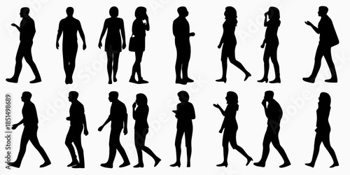 Silhouettes of people walking in various poses and different clothing styles