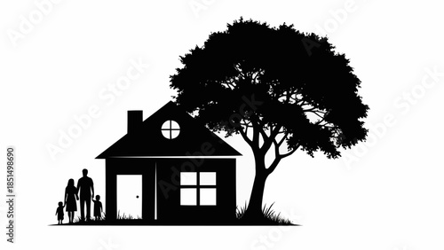 Silhouette of a Family and House Under a Large Tree.