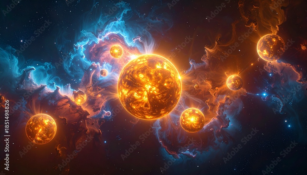 Obraz premium A vibrant cosmic scene with glowing planets, swirling nebulae, and a radiant starburst.